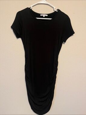 Black Short-Sleeve Ruched Midi Dress